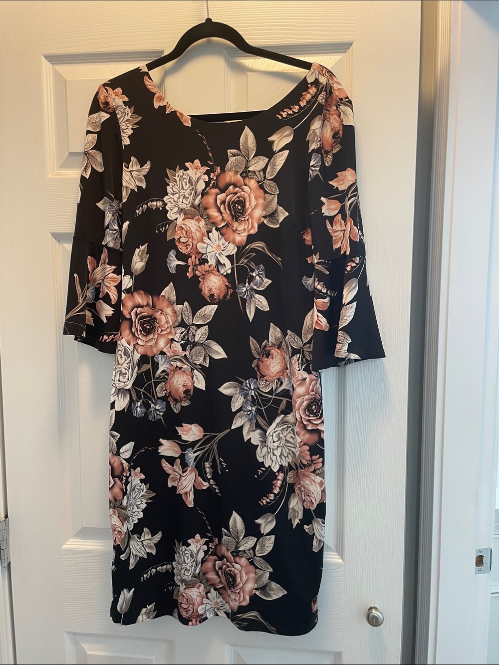 Frank Lyman Design Black Floral Midi Dress with Blush Roses